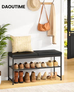 DAOUTIME Shoe Rack Bench, 2-Tier Shoe Storage Organizer with PU Seat Cushion, Entryway Bench with Height-Adjustable Metal Mesh Shelves, Modern Bench Seat for Bedroom Living Room Hallway Foyer, Black
