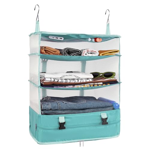 Surblue Hanging Closet Storage Bag Collapsible 3-Shelf Washable Oxford Fabric with 2 Hooks (XL 17.71 * 11.81 * 20in,Aqua Blue) - color: Aqua Blue, size: XL 17.71*11.81*20in