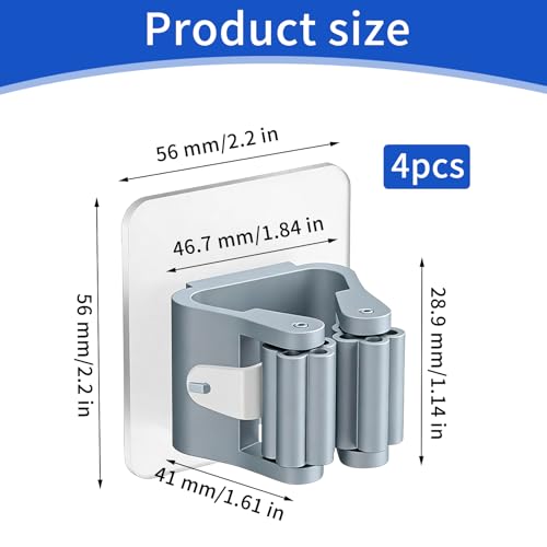 Broom Holder Wall Mount, 4 Pack Mop and Broom Holder, PlasticBroom Hangers for Wall, Gray, Space-Saving Tool Organizer for Kitchen Laundry Garage Garden, Easy Install, Non-Slip Grips