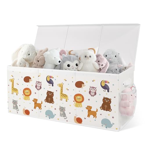Extra Large Collapsible Toy Box with Lids, Sturdy Storage Organizer for Kids, 38"x16"x13" Toy Chest for Playroom, Nursery, Bedroom, Living Room (Chubby Animals)
