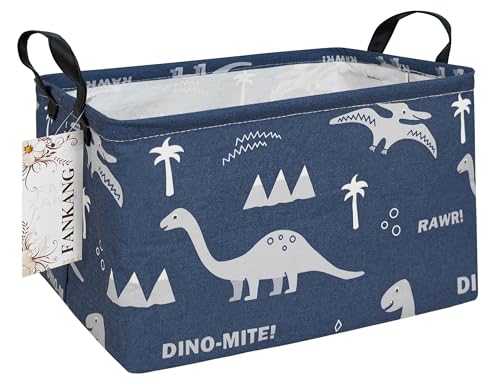 FANKANG Storage Bins, Nursery Hamper Canvas Laundry Basket Foldable with Waterproof PE Coating Large Storage Baskets for Kids Boys and Girls, Office, Bedroom, Clothes,Toys(Rec-Blue dinosaur） - color: Rec-Blue dinosaur