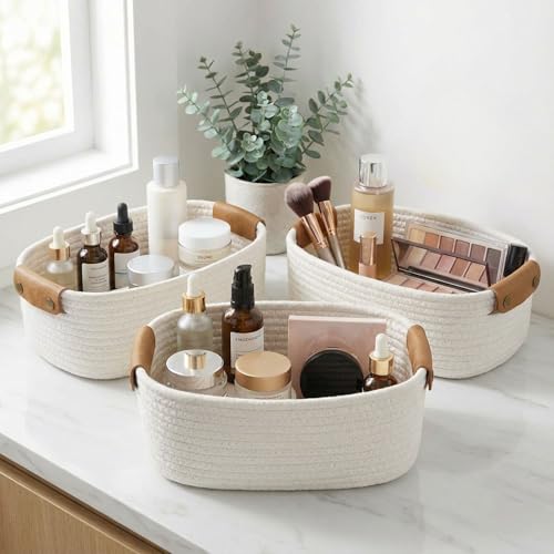 Beautiful Storage Basket Set of 3 - Sturdy Jute Rope Baskets for Shelves Are Perfect for Organizing Your Home - Quality Storage Bins Easily Fit With Any Nursery or Bedroom Decor - color: Beige