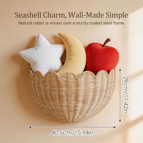 Scalloped Rattan Wall Basket - Handmade Wicker Hanging Decor，Toys Towels & Plants Versatile Storage Basket Bathroom Living Room & Entryway Natural Rattan Wall Decor