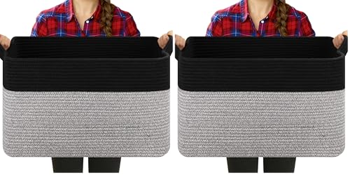 OIASKET Blanket Basket for Living Room, Woven Cotton Rope Basket for Storage Clothes, Towels, Pillows, Toy Storage Bin for kids with Handles, 20" x 16" x 12", Black and Grey (Pack of 2) - color: Black & Grey, size: 19.7"x15.8"x11.8" (Pack of 2)