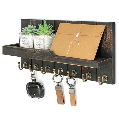 Rebee Vision Farmhouse Key Holder Wall Mount for Home Decor- Rustic Wooden Key Holder for Wall with Floating Shelf & 7 Sturdy Hooks - Ideal Mail Holder for Home Storage (Distressed Black) - color: Distressed Black, size: 15-inch
