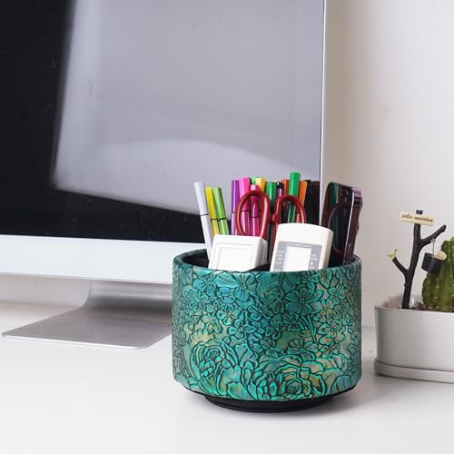 Round Leather Art Supply Organizer,Remote Control Holder,360 Degree Spinning,Multi-Functional Pencil Holder,4 Compartments Desktop Stationary Organizer(1-Rich Flower Green) - color: 1-Rich Flower Green1