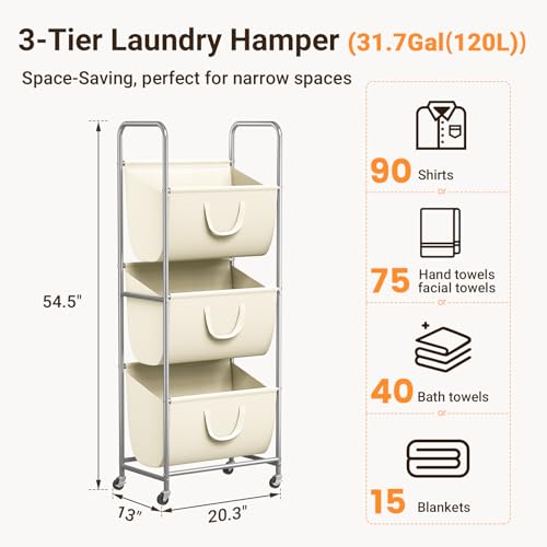 ELYKEN 120L Vertical Rolling Laundry Hamper with Removable Bags, 3 Section Laundry Baskets with Wheels, Space-Saving 3 Tier Laundry Sorter for Small Spaces, Dorm, Bedroom, Bathroom, Laundry Room - color: Creamy