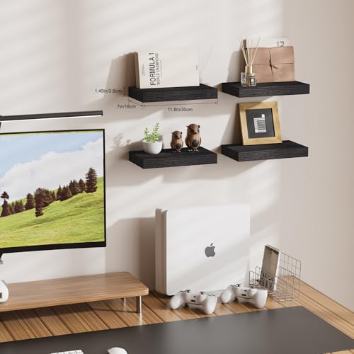 Floating Shelves for Wall, Bathroom Shelves Over Toilet, Wall Shelves & Book Shelf for Room, Hanging Shelf, Modern Wooden Wall-Mounted Small Floating Shelves, 12x7x1.5 in (Black, Set of 4) - color: Black, size: 12"(set of 4)