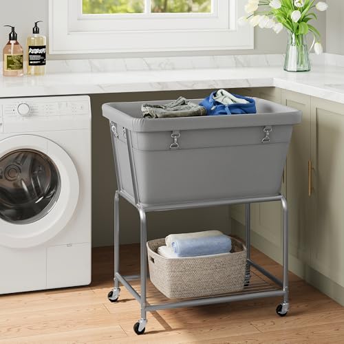 ELYKEN Rolling Laundry Hamper with Wheels, 32-Gallon (122L) Laundry Cart with Removable Bag, 2-Tier Clothes Basket Hamper with Shelf for Closet, Bedroom, Bathroom, Laundry Room, Gray - color: Gray, size: 27.4"L x 19.9"W x 30.9"H