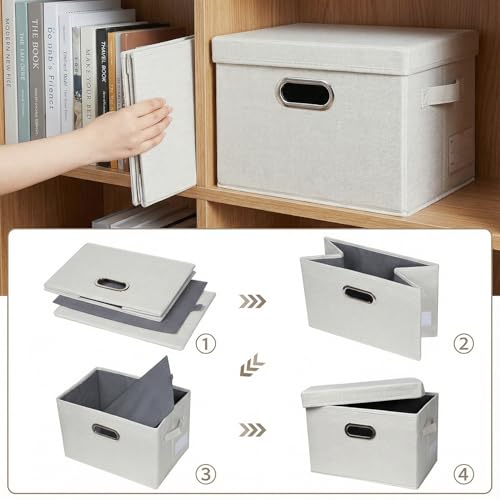 PRANDOM Storage Bins with Lids [3-Pack] Linen Fabric Foldable Storage Boxes Organizer Containers Baskets Cube with Cover for Bedroom Closet Office Beige（11.4X8.6X6.7 - color: Beige, size: S(3-Pack)