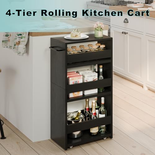 MARTY Rolling Storage Cart 7.9" W, 4-Tier Kitchen Cart with Wheels Handle, Slim Storage Cart Mobile Shelving Utility Carts for Bathroom Laundry Room Organization Narrow Places (All Black) - color: All Black, size: 7.9"D x 15.75"W x 31.5"H