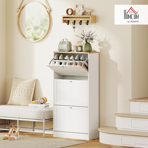 HOMCOM Shoe Storage Cabinet with 3 Flip Drawers, Wooden Freestanding Shoe Organizer with Adjustable Shelves for Entryway, Hallway, White - color: White, size: 23.6" x 9.4" x 45.3"