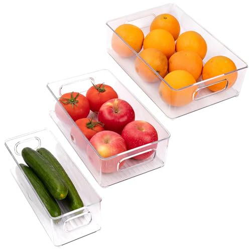 3 Pack Refrigerator Organizer Bins, 3 Sizes Stackable Clear Pantry Storage with Handles for Fridge, Freezer, Shelves, Drawer, Snack Organizer for Home & Kitchen - size: 3 Pack