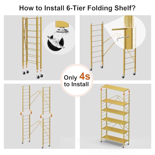 Himix 6 Tier Foldable Storage Shelves, Expandable Folding Bookshelf with Wheels, Changeable into 2 Shelf Units, Collapsible Adjustable Storage Rack Metal Shelves for Garage Kitchen, Basement, Gold - color: Gold, size: 6-Tier