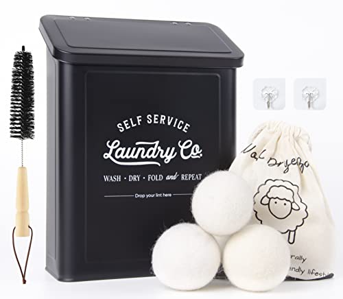 MONJITA Magnetic Lint Bin for Laundry Room, Metal Trash Can with Lid for Dryer, Farmhouse Lint Holder, Laundry Co Sign, Laundry Room Storage Decor with Dryer Lint Brush (Black-Dryer Ball Set) - color: Black (Dryer Ball Set)