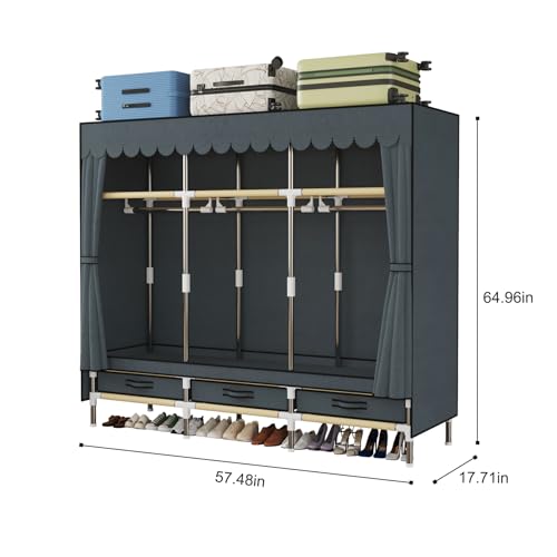 Portable Wardrobe, Freestanding Closet Hanging Organization, Metal Frame with Grey Fabric Cover, 3 Storage Compartments, 3 Hanging Rods, 3 Drawers. - color: Grey