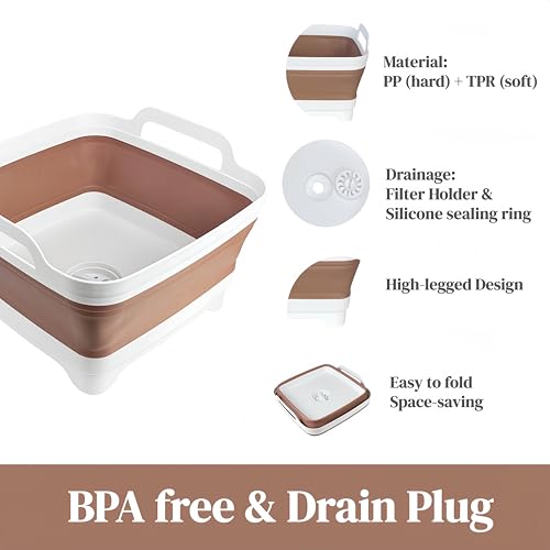 GIMWA Collapsible Wash Basin for Baby Bottles - 2.4 Gallons Portable Wash Bin for RV Camping Sink, Space-Saving Dish Tub (Mocha) - color: Mocha