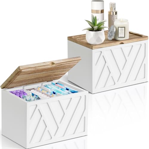 2 PCS White Tampon Holder for Bathroom Decor, Feminine Product Organizer With Lid, Shark Week Storage, Wood Pad Box for Toilet, Bathroom Accessories - color: 2Pcs-White