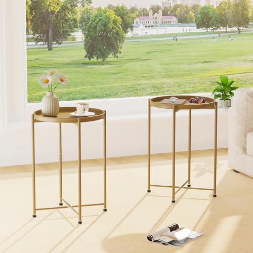 Garden 4 you Small Side Table, Gold Mini Round End Table, Tray Table with Metal Frame, Modern Nightstand for Living Room, Bedroom, Patio, Small Space, 1PCS - color: Gold, size: 1 PCS