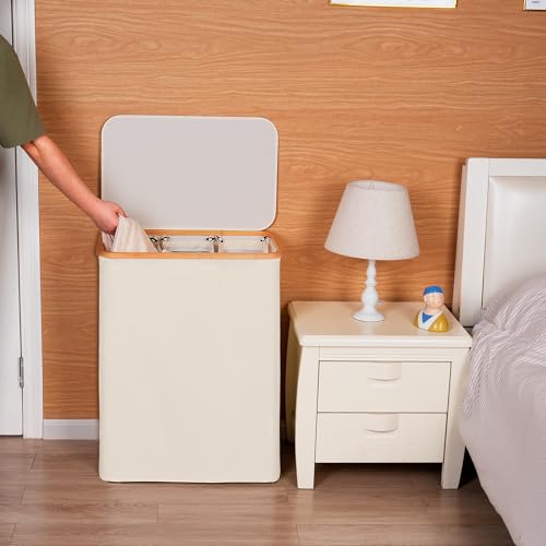 efluky Laundry Hamper with Lid, Trio Laundry Hamper with 3 Removable Bags, 3 Section Laundry Basket with Bamboo Handles for Bathroom, Bedroom & Laundry Room, 160L Beige - color: Beige, size: 160L Trio