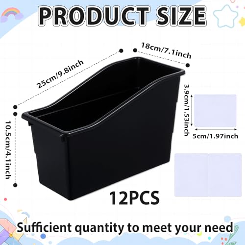 12 Pack Large Book Bins, Durable Magazine Organizer File Holder High-Quality Plastic Book Storage Bins with Labels for Classroom Library, Office, Desktop Organization, Bookshelf Categorization (Black) - color: Black