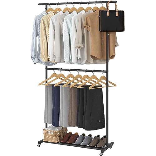 Sywhitta Double Rod Clothing Garment Rack, Rolling Coat Hanger with Bottom Mesh, Clothing Rack for Hanging Clothes, Coats, Skirts, Sweaters, Black - color: Black, size: With mesh
