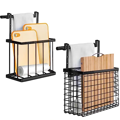 2 Pack Cabinet Door Organizer with Towel Bar, Over The Cabinet Door Storage with Towel Holder for Kitchen Cutting Board,Black