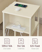 VASAGLE Side Table with Charging Station, 3-Tier End Table with USB Ports and Outlets, Nightstand for Living Room, Bedroom, 11.8 x 13.4 x 22.8 Inches, Plug-in Series, Cream White - color: Cream White
