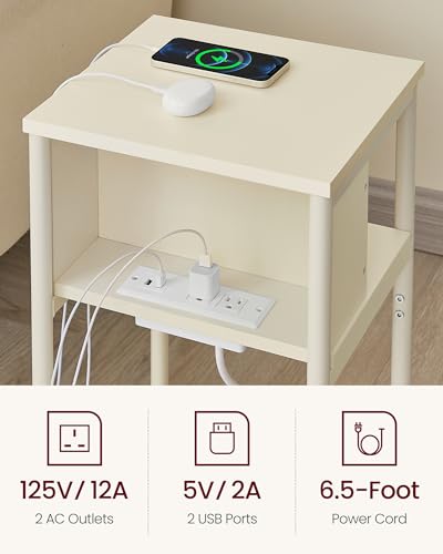 VASAGLE Side Table with Charging Station, 3-Tier End Table with USB Ports and Outlets, Nightstand for Living Room, Bedroom, 11.8 x 13.4 x 22.8 Inches, Plug-in Series, Cream White - color: Cream White