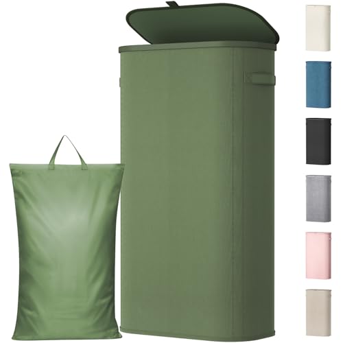 Lifewit Slim Laundry Basket with Lid, Narrow Large Laundry Hamper with Plastic Handles and Removable Bag, Tall Foldable Dirty Clothes Hampers for Laundry Room, Bedroom, Bathroom, Dorm, 75L Green - color: Green, size: 75L