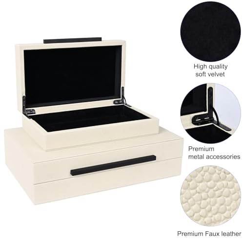 Beige Shagreen Decorative Storage Boxes – Set of 2 Faux Leather Jewelry & Memory Boxes with Black Metal Handles, Nesting Photo Organizers for Home Decor, Gift, and Office Organization - color: Beige+Black Handles, size: 2 pack
