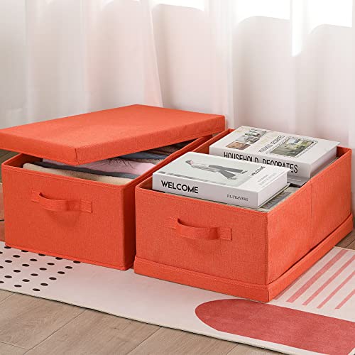 HOONEX Storage Bins with Lids for Organizing, Pack of 2, Storage Boxes with 2 Carrying Handles and Sturdy Heavy Cardboard, 16.5" L x 11.8" W x 7.5" H for Shoes, Books, Clothes, Nursery, Orange - color: Orange