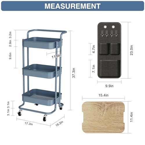 DTK 3 Tier Metal Utility Rolling Cart with Table Top and Side Bags, Metal Tray Storage Organizer Cart with Wheels, Art Craft Cart with 4 Hooks for Kitchen Bathroom Office Living Room (Blue) - color: Blue, size: Large