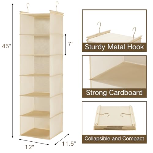 MAX Houser 6 Tier Shelf Hanging Closet Organizer, Cloth Hanging Shelf with 2 Sturdy Hooks for Storage, Foldable (Beige) - color: Beige