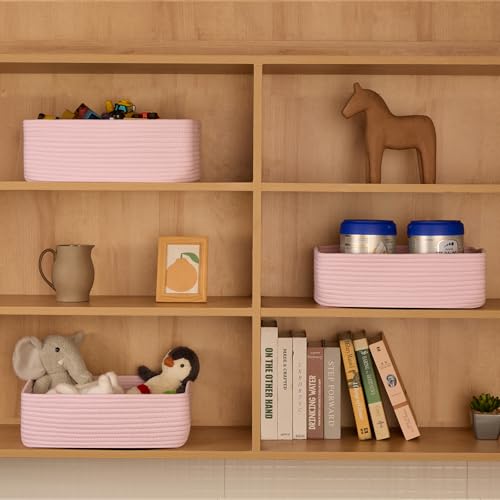 MiniArk Large Shallow Organizing Baskets 15x11x5.1 Inches - Rope Woven Storage Bins for Bathroom, Shelves, Cube Closet, Light Pink 2 Packs - color: Light Pink, size: 2pcs-L15×W11×H5.1"