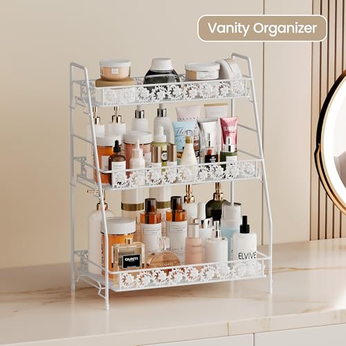 3 Tier Shelf Organizer,Large Size Storage Rack,Counter Organiztion for Bathroom Countertop Shelf for Spice Racks Snacks,for Kitchen/Sink/Bedroom/Living Room/Office/Plant Rack Full Metal - color: White