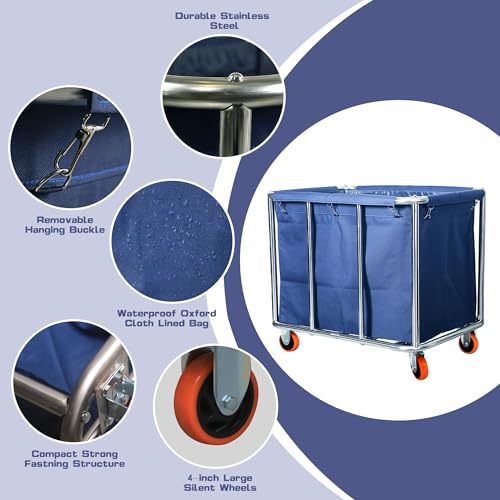 Commercial Laundry Cart with Wheels, 470L Large Capacity Heavy Duty Stainless Laundry Basket,Laundry Sorter for Clothes Storage,400 lbs Load (Blue) - color: Blue