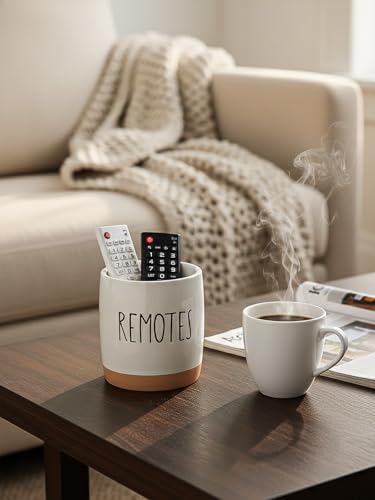LEETOYI Ceramic Remote Caddy Storage, 4.8 Inch Remote Control Holder, Farmhouse Organizer for Pen Holder, Makeup Brush Holder, Office Supplies, White/Brown