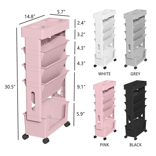 5-Tier Mobile Bookshelf, Rolling Bookcase Book Storage Rack, Movable File Folder Organizer Cart with Wheels for Home Study Office Living Room Classroom, Light Pink - color: Light Pink, size: 5-Tier