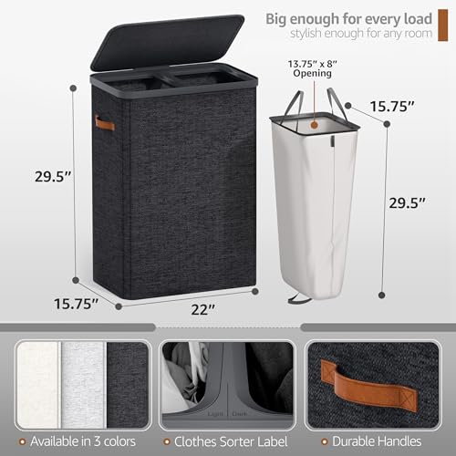 Sorbus Laundry Hamper with Lid - Collapsible 2-Compartment Fabric Laundry Basket with Handles and Removable Laundry Bag – 45 Gallon (170 L) Dirty Clothes Hamper for Bedroom, bathroom and dorm (Black) - color: Black, size: 2 Compartment