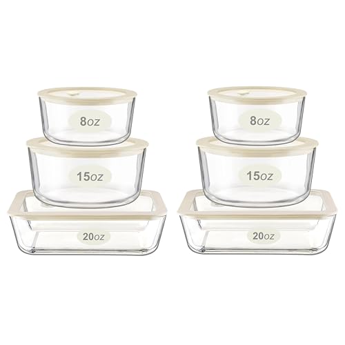 Urban Green Glass Food Container Set with Glass Lid, 6 Pack, Food Storage Containers Set, Airtight, LeakProof, Micowave Safe, 100% Plastic Free, Meal Prep Containers (White Color) - color: White Sand-6P