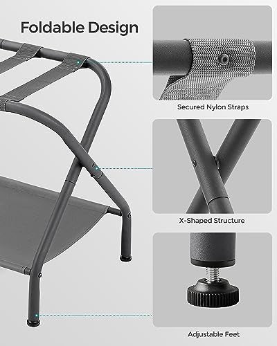 SONGMICS Luggage Racks, Set of 2, Suitcase Stand with Fabric Storage Shelf, for Guest Room, Bedroom, Hotel, Foldable, Holds up to 110 lb, 27.2 x 15 x 20.5 Inches, Slate Gray URLR002G02 - color: Slate Gray, style: with Shelf