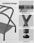 SONGMICS Luggage Racks, Set of 2, Suitcase Stand with Fabric Storage Shelf, for Guest Room, Bedroom, Hotel, Foldable, Holds up to 110 lb, 27.2 x 15 x 20.5 Inches, Slate Gray URLR002G02 - color: Slate Gray, style: with Shelf