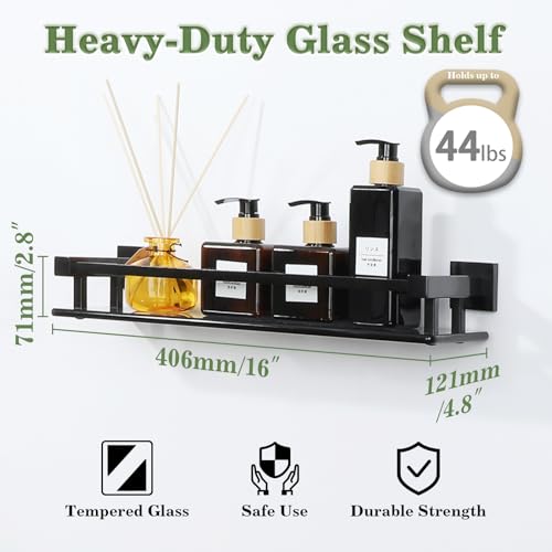 Alise Bathroom Glass Shelf with Stainless Steel Railing, Matte Black Small Tempered Glass Floating Wall Shelf Over The Toilet, 16 inch - color: Matte Black, size: 16 Inch