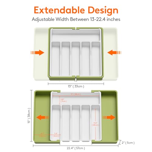 Lifewit Silverware Drawer Organizer, Expandable Utensil Tray for Kitchen, BPA Free Flatware and Cutlery Holder, Adjustable Plastic Storage for Spoons Forks Knives, 13-22 x 15", Green&White - color: Green&White, size: XL (13-22''W x 15''D)