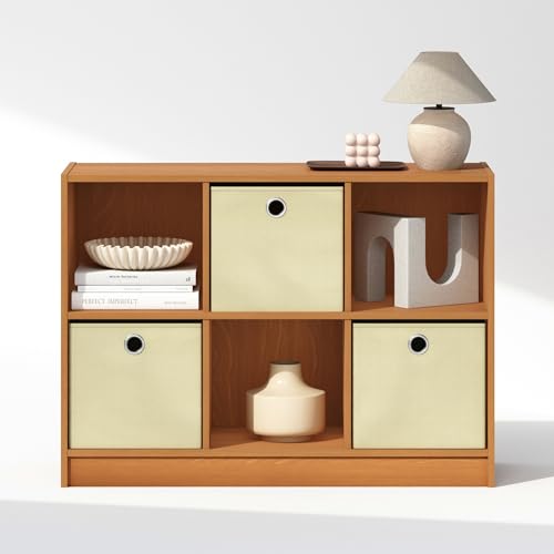 Furinno Cubic Closet Organizers and Storage, 6-Cube Closet Organizer with Bins, Open Shelf Storage, for Wardrobe, Bedroom, Living Room, Light Cherry - color: Light Cherry/Ivory