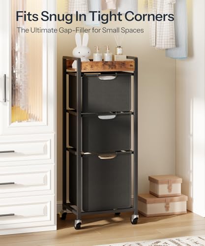 HOOBRO Vertical Laundry Hamper with Wheels, Slim 3 Section Laundry Sorter, Space Saving Rolling Laundry Cart with Removable Bags & Shelf, Laundry Basket for Bathroom, Bedroom, Rustic Brown