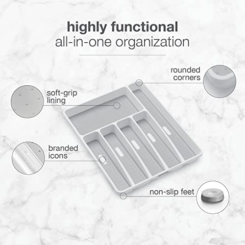 madesmart Classic Large Silverware Tray - White |CLASSIC COLLECTION | 6-Compartments| Kitchen Drawer Organizer | Soft-Grip Lining and Non-Slip Rubber Feet | BPA-Free - size: Classic 6 Compartment