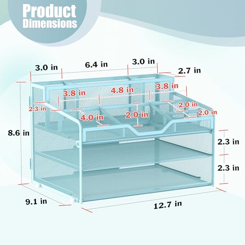 Docnest 3 Tier Mesh Desk Organizer for Paper Office Supplies – Multi-Functional Letter Tray with 5 Adjustable Compartments, 3 Pen Holders, Desktop Storage for Files, Mail, Stationery – Blue - color: Blue, size: 12.7" x 9.1" x 8.6"