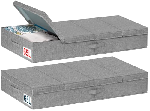 punemi Extra Large Under Bed Storage 65L, 42*16.5*5.8 in Tall underbed storage containers with Lids, Sturdy Closet Organizers and Storage Bins Bags for Blankets Comforter Sweaters Wrapping Paper 2PACK - color: 65L-Grey-2pack, size: 6 inch Tall